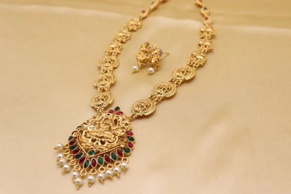 Temple Design Long Necklace Set With Earring For Women and Girls. Jewellery Set