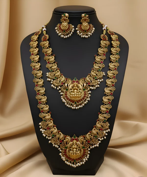 Exquisite Gold Plated Temple Necklace Haram Earrings Combo Set