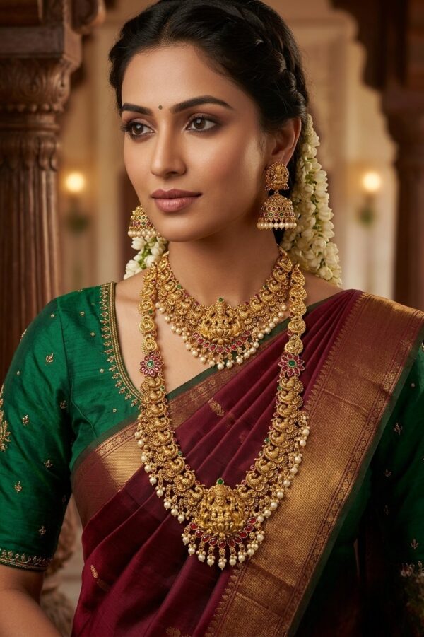 Vivanta Design Exquisite Gold-Plated Temple Necklace Haram Earrings Combo Set for Women & Girls